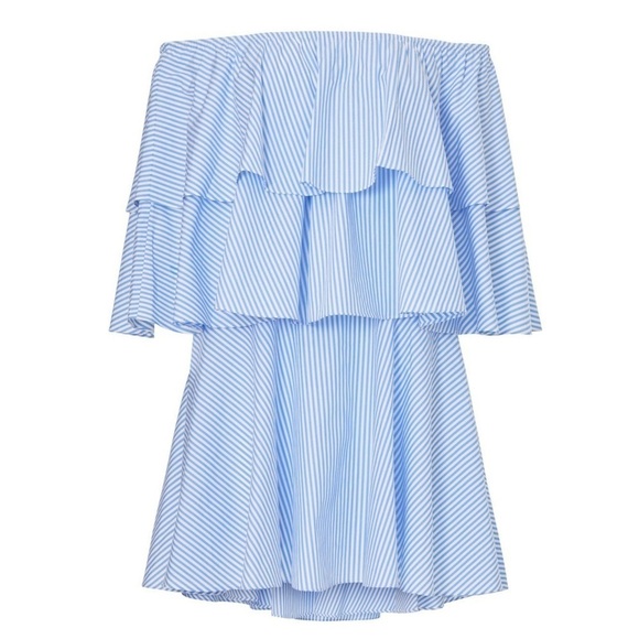 TOME 70s Off The Shoulder Striped Cotton Tiered Ruffle Short Sleeve Mini Dress 0 - Picture 6 of 7